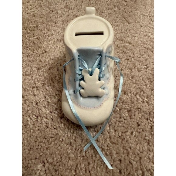 Ceramic Baby Shoe Coin Bank NEW With Blue Lace Baptism Christening Birth Gift - Picture 1 of 9